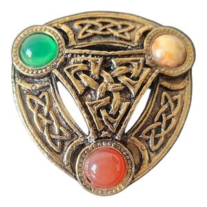 Celtic Triquetra Brooch with Green, Orange, and Cream Accents